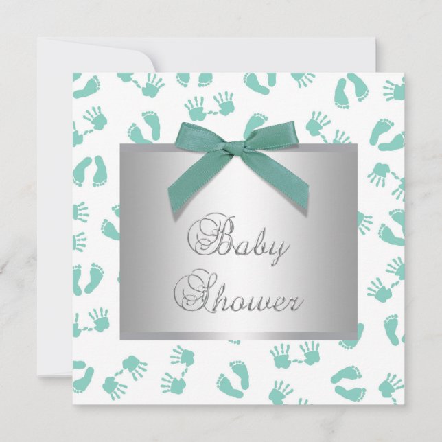 Mintgröna babyhänder fötter baby shower inbjudningar (Framsida)