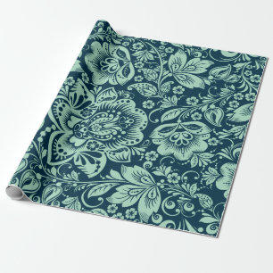 Mintgröna barocka blomdamaster på blå bakgrund presentpapper