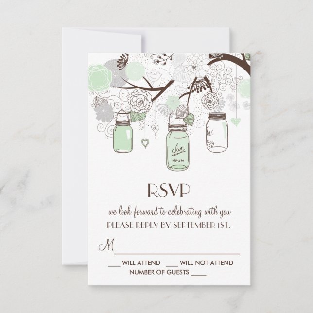 Mintgröna blomsterkrukor i glasbröllop RSVP-kort OSA Kort (Framsida)