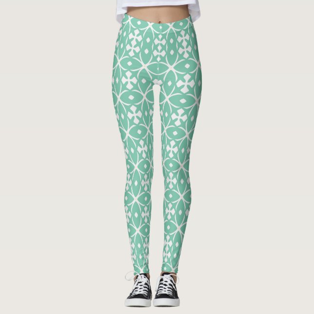 Mintgröna geometriska blomlegginser leggings (Framsida)