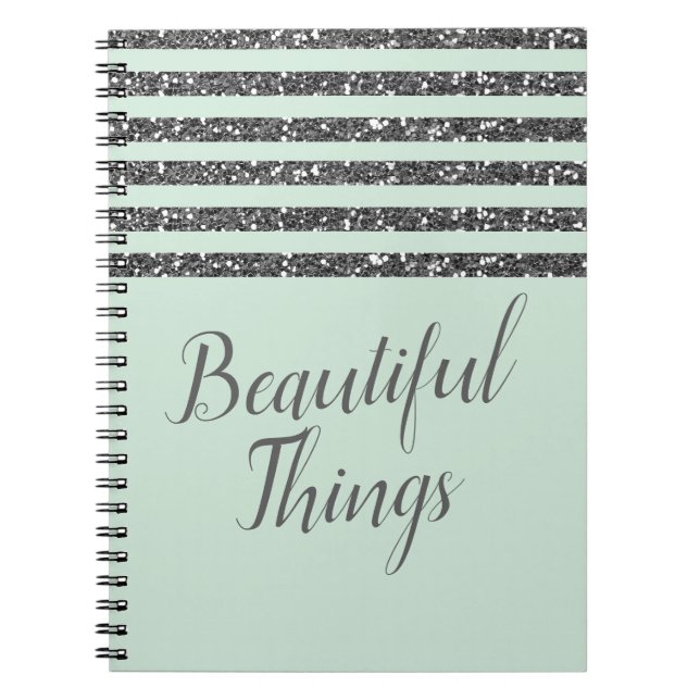 Mintgröna och silver glitterränder glittrar anteckningsbok (Framsidan)