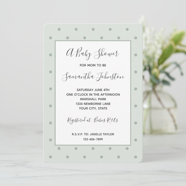 Mintgröna prickar baby shower inbjudan (Stående Fram)