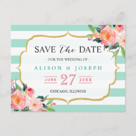 Mintgröna randiga botaniska blommiga Spara datum Meddelande Vykort