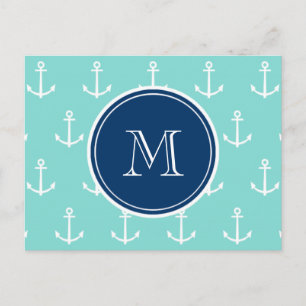 Mintgröna vita ankare, marinblå monogram vykort