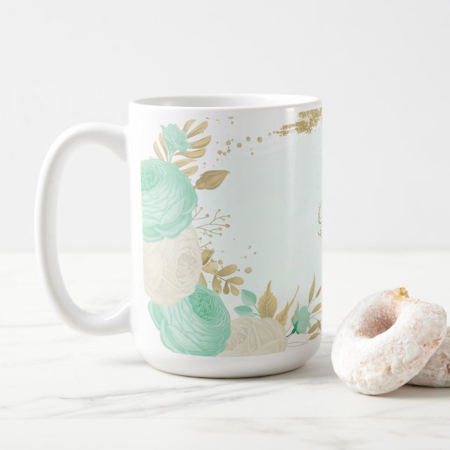 mintgröna vita blommor guld blom- bröllop kaffemugg (Med munk)