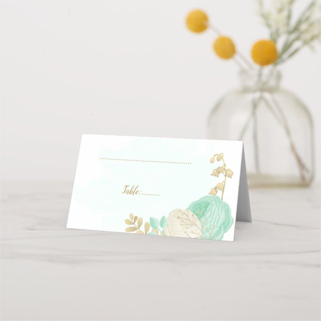mintgröna & vita blommor guld botanisk bröllops- placeringskort (Framsida)