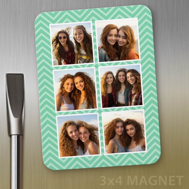 Mintgrönt Chevron-mönster med trendig 6-fotokollag Magnet (Personalized refrigerator magnet with photo collage and custom text - add 6 photos to this design)