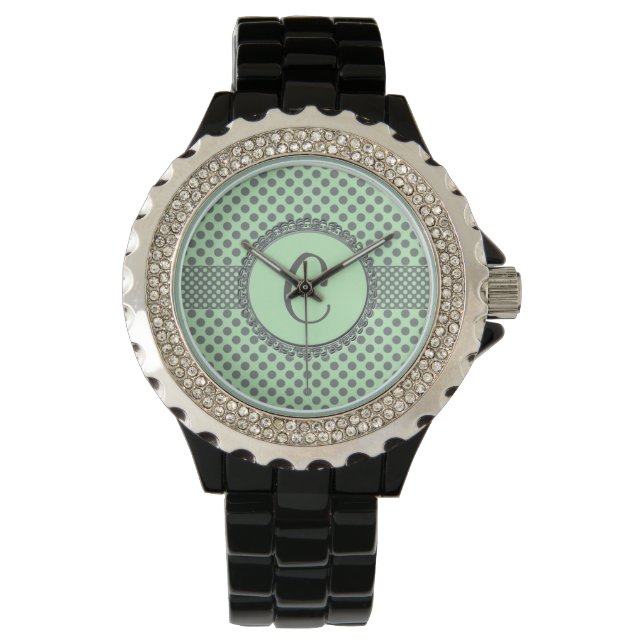 Mintgrönt med grå färgPolkaPricka-Monogramen Armbandsur (Framsida)