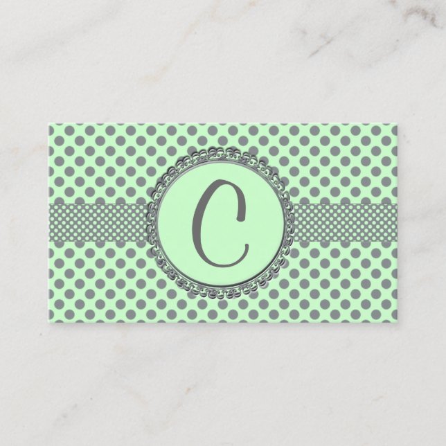 Mintgrönt med grå färgPolkaPricka-Monogramen Visitkort (Framsida)
