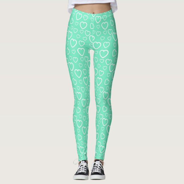 Mintgrönt och vitt kärlekshjärtmönster leggings (Framsida)