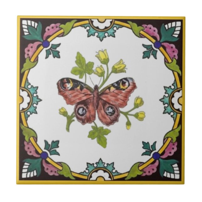 Minton Butterfly Hand-Färgad c.1870 Tile Repro Kakelplatta (Framsidan)