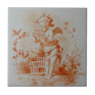 Minton Cherub spelar Rör för fåglar #2 Repro Kakelplatta