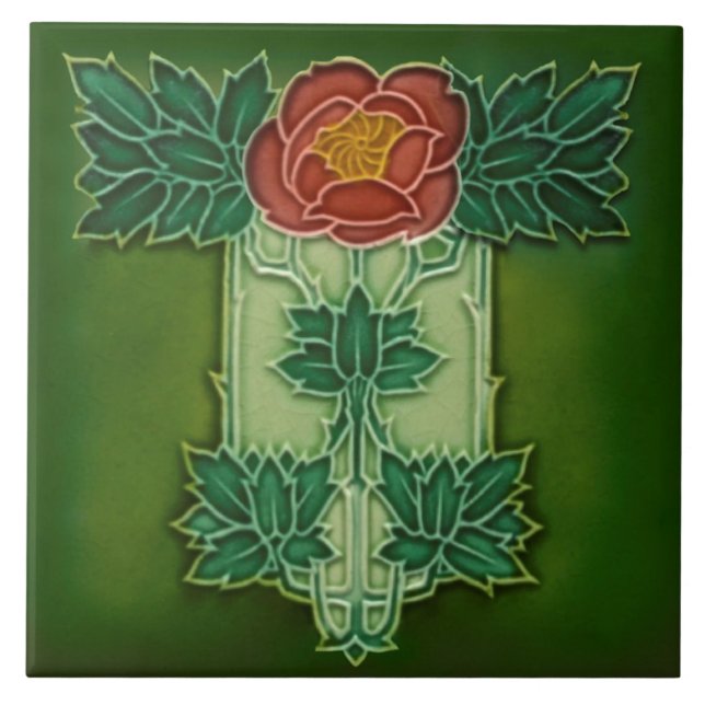 Minton Hollins Art nouveau Deco Blommigt Tile Repr Kakelplatta (Framsidan)