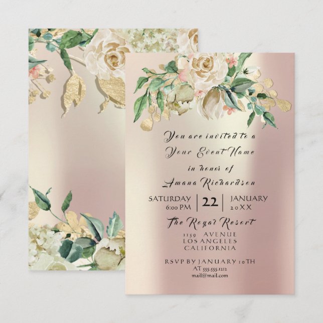 Mintroschampagnedoftande guldblommig vattenfärgspä inbjudningar (Fram/baksida)