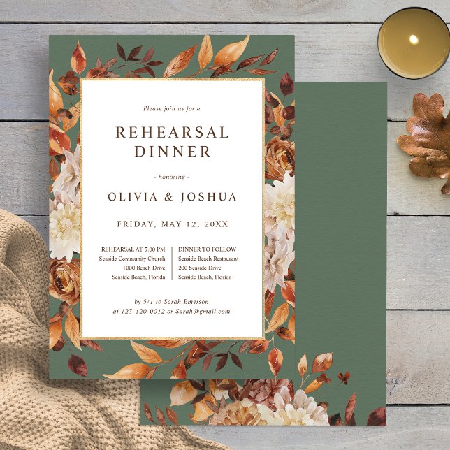 Minut Grönt Bröllop Rehearsal Middag Inbjudningar (Elegant Fall Sage Green Floral Wedding Rehearsal Dinner Invitation by Painted Paperie
)
