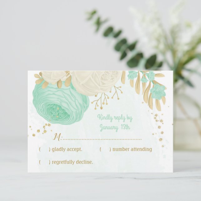 Minut grönt vita blommor guld blommigt bröllop OSA kort (Stående Fram)
