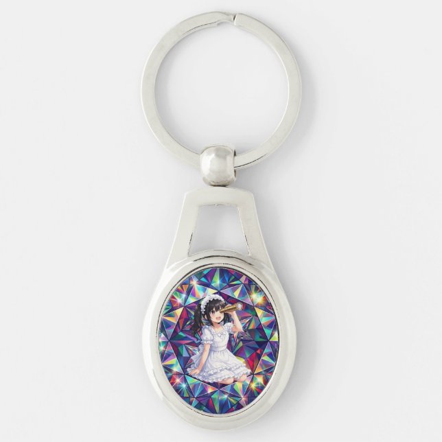 Mirabella in Prism Light – Kaleidoscope Metal  Ovalt Silverfärgad Nyckelring (Framsidan)
