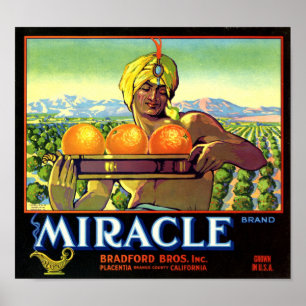 Miracle Brand Apelsiner Fruktlåda Etikett Poster