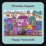 Miracles Happen Hannukah Stickers Fyrkantigt Klistermärke<br><div class="desc">Bild som illustrerar färg konditorier i staden Jerusalem. Anpassa dessa klistermärken med ditt val av bakgrund färg och meddelande. Originalteckningar efter Magins Creations.</div>