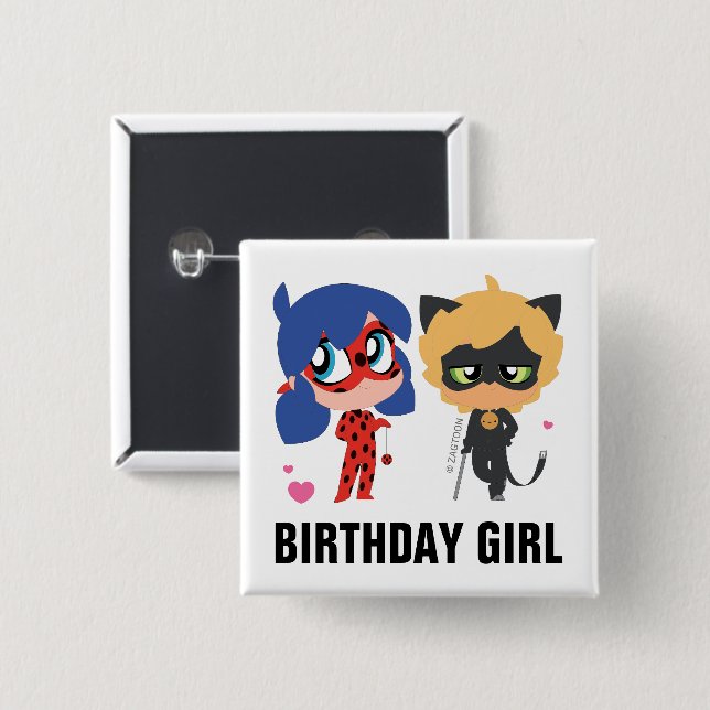 Miraculous Ladybug & Cat Noir Chibi Birthday Girl Knapp (Framsida & baksida)