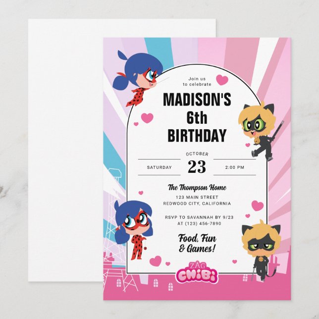 Miraculous Ladybug & Cat Noir Chibi Birthday Inbjudningar (Fram/baksida)