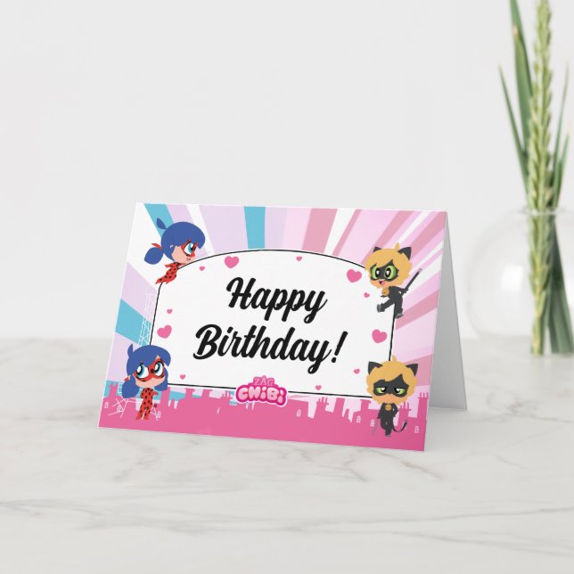 Miraculous Ladybug & Cat Noir Chibi Birthday Kort (Framsida)