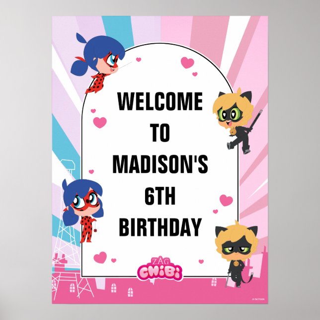Miraculous Ladybug Cat Noir Chibi Birthday Välkomm Poster (Framsidan)