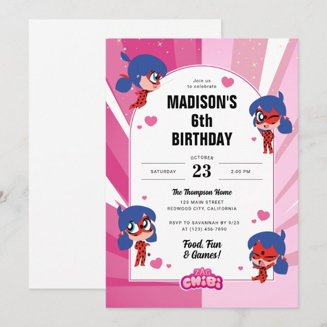 Miraculous Ladybug Chibi Birthday Inbjudningar (Fram/baksida)