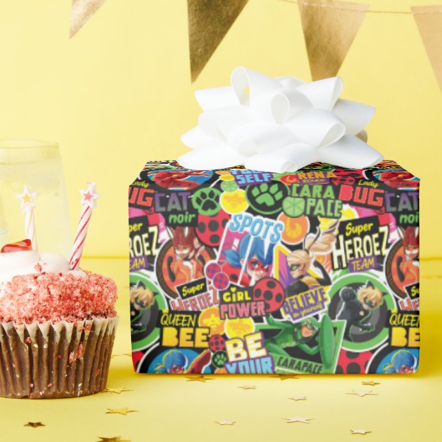 Miraculous Superhjälte Characters Mönster Presentpapper (Födelsedagsfest)