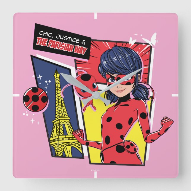 Miraculous Tecknad Ladybug Parisian Way Fyrkantig Klocka (Framsida)