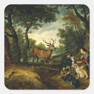 Mirakel av Saint Hubert av Peter Paul Rubens Fyrkantigt Klistermärke