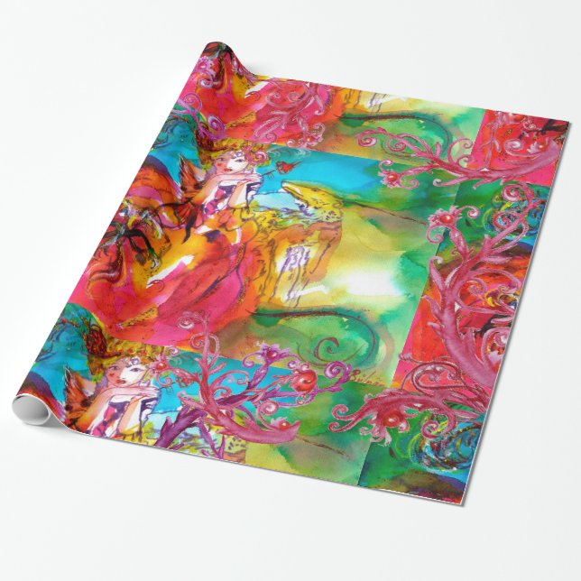 MIRANDOLINA ,RED LILA BLOMMIGT SWIRL PRESENTPAPPER (Utrullad)