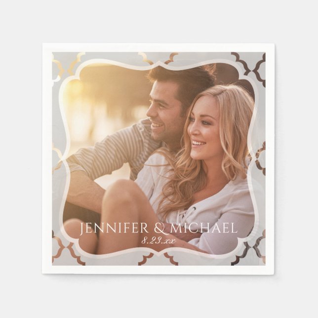 Mirrored Damask Photo Bröllop Cocktail Napkins Pappersservett (Framsidan)