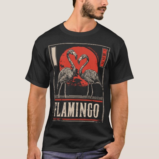 Mirrored Elegance - Flamingos in Crimson Moonlight T Shirt (Framsida)