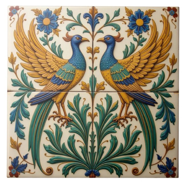 Mirrored Peacocks Underlägg keramik Tile (Framsidan)
