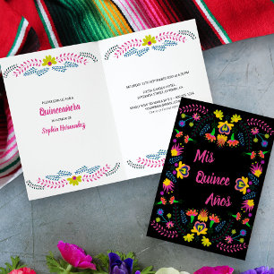 Mis Quince Anos Black Blommigt Mexican Fiesta Part Inbjudan