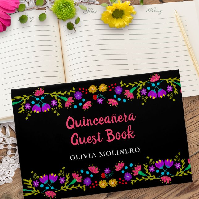 Mis Quince Anos Black Mexican Blommigt Quinceanera Gästböcker (Quinceanera Guest Book from my Mexican Fiesta Floral collection)