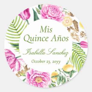 Mis Quince Años Blommiga Peonior Citroner Quinceañ Runt Klistermärke
