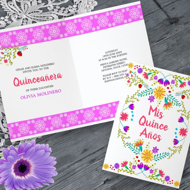 Mis Quince Anos Blommigt Mexican Fiesta Quinceaner Inbjudan (Quinceanera Invitation from my Mexican Fiesta Flowers Quinceanera Collection -printed or digital)