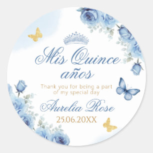 Mis Quince años Blue Blommigt Guld Butterfly Runt Klistermärke