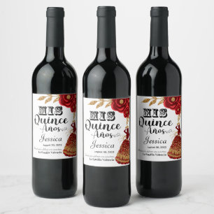 Mis Quince Anos Burgundy Blommigt Western Vin-etik Vinflaska Etikett