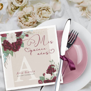 Mis Quince Anos Burgundy Ivory Blommigt Monogramme Pappersservett