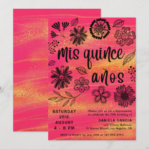 Mis Quince Años Chic Rosa Blommigt Quinceañera Inbjudningar