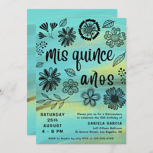 Mis Quince Años Chic Turcos Blommigt Quinceañera Inbjudningar (Fram/baksida)