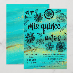 Mis Quince Años Chic Turcos Blommigt Quinceañera Inbjudningar