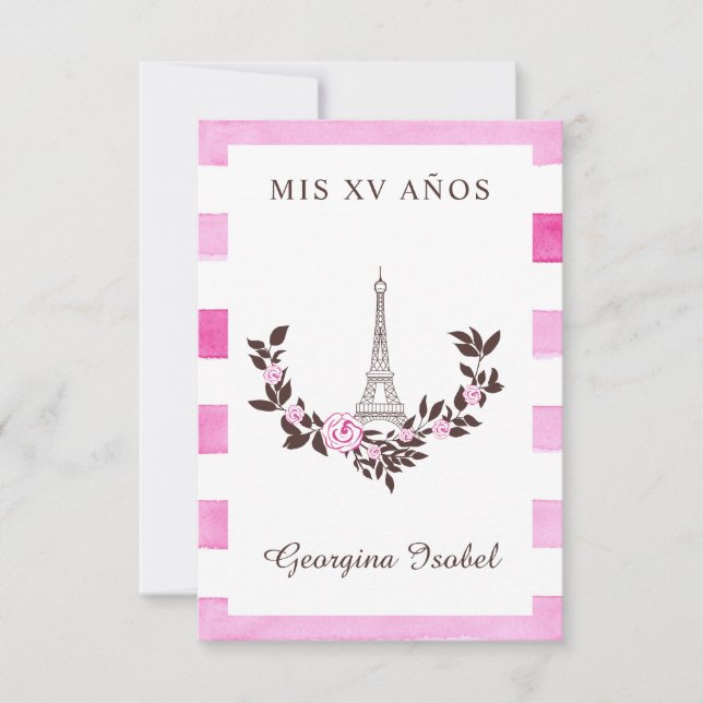 Mis Quince años Diseño Floral París Rayas Rosa Tack Kort (Framsida)