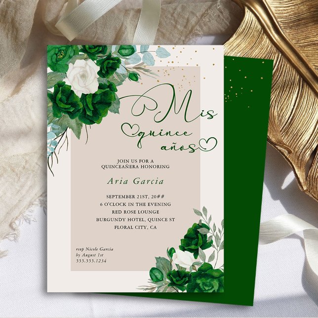 Mis Quince Anos Emerald Grönt Blommigt Quinceanera Inbjudningar (Mis Quince Anos Invitation from the Royal Rose Emerald Green Quinceanera Collection by Darling & May)