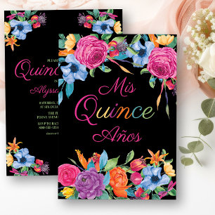 Mis Quince Anos Fiesta Flowers Black Quinceanera Inbjudningar