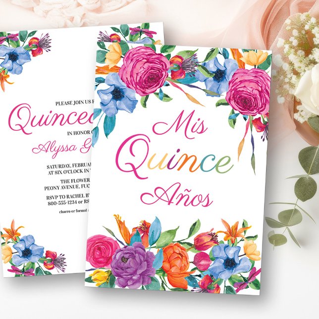 Mis Quince Anos Fiesta Flowers White Quinceanera Inbjudningar (Mis Quince Invitation from my Fiesta Flowers Quinceanera Collection)