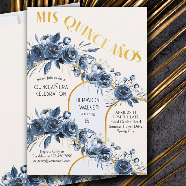 Mis Quince Anos Guld Arch Blue Ro 15:e födelsedage Inbjudningar (Skapare uppladdad)